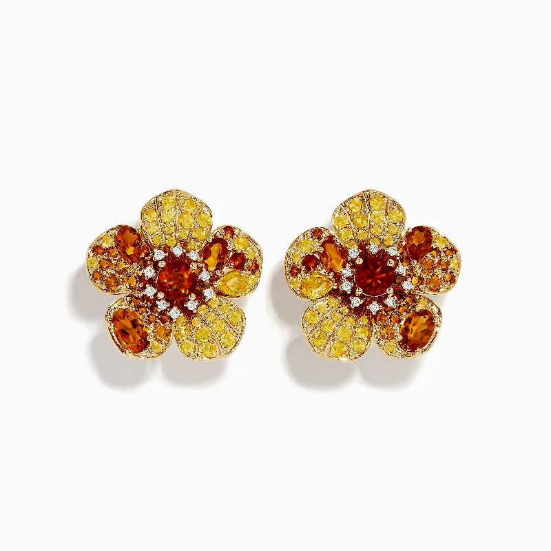 Crystal Earrings For Sparkling Effect-14K Yellow Gold Citrine, Yellow Sapphire and Diamond Flower Earrings