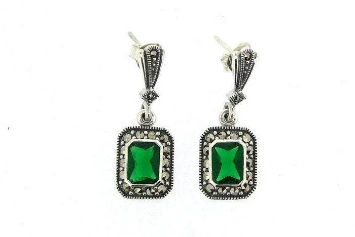 Simple Gold Earrings For Timeless Appeal-Silver Marcasite Emerald Earrings Square Green Crystal