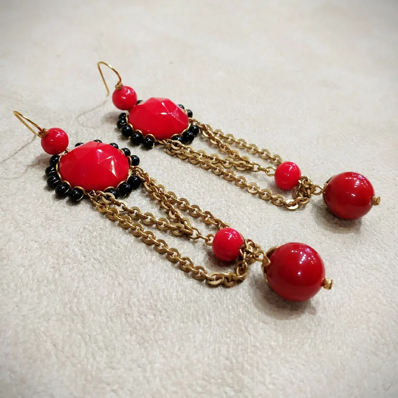 Fancy Dangle Earrings For Elegant Evening-Askew London Clip on Chandleier Earrings Gold Red Statement Unsigned