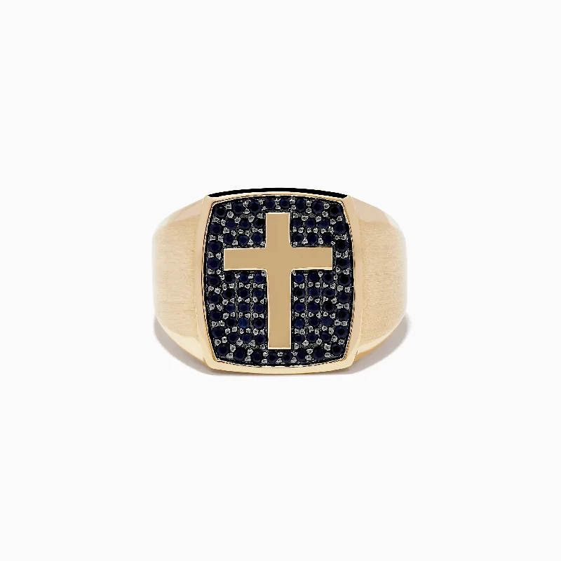 Simple engagement rings-Men's 14K Yellow Black Sapphire Gold Cross Ring