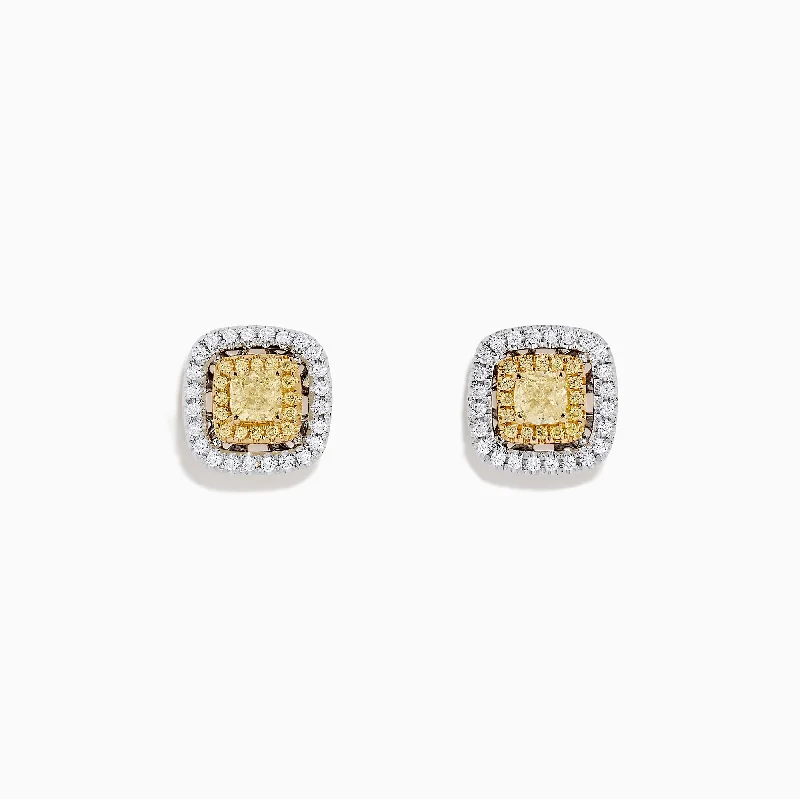 Luxury Earrings For Weddings-Canare 18K Two Tone Gold Double Halo Yellow Diamond Stud Earrings, 0.76 TCW