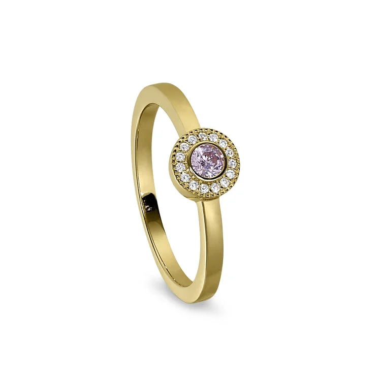 Wedding sets for couples-Gold Finish Sterling Silver Micropave Round Simulated Pink Sapphire Ring with Simulated Diamonds Size 4