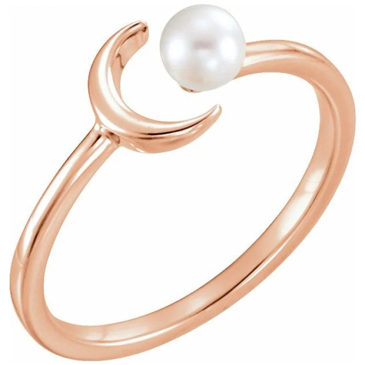 Stylish wedding rings for men-14K Rose Cultured White Freshwater Pearl Crescent Moon Ring