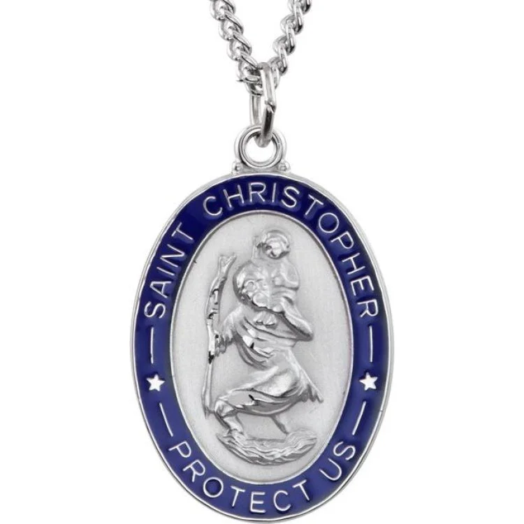 Nature-themed necklaces for women-Sterling Silver 26x20 mm Blue Enamel St. Christopher Medal 24" Necklace