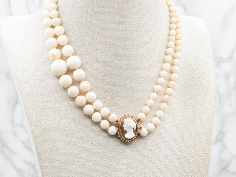 Vintage gold necklaces for women-Double Strand White Coral Necklace with Cameo Clasp