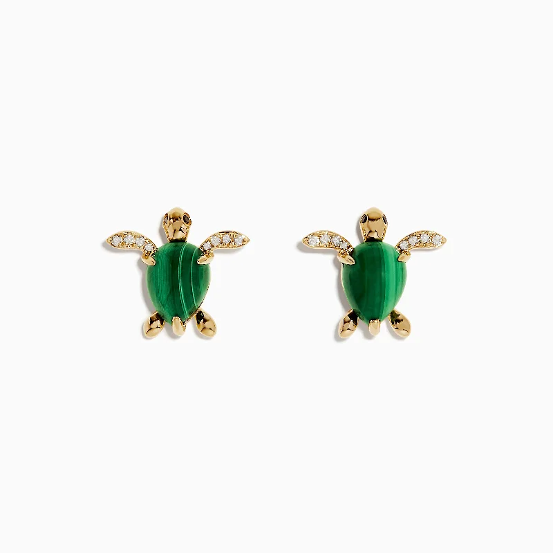 Trendy Stud Earrings For Everyday Wear-Seaside 14K Yellow Gold Malachite and Diamond Turtle Ring