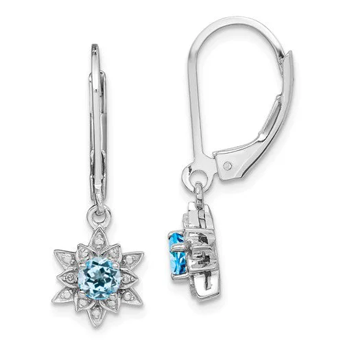 Classic Silver Earrings For Timeless Look-Sterling Silver Round Light Sky Blue Topaz & Diamond Lotus Flower Leverback Earrings