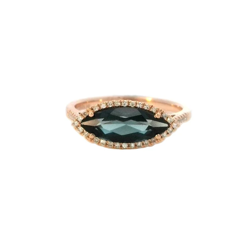 Custom rings for wedding bands-Marquise Cut London Blue Topaz Ring in Rose Gold