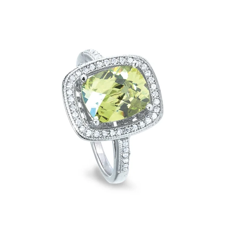 Colored engagement rings-Platinum Finish Sterling Silver Micropave Ring with Simulated Peridot and Simulated Diamonds