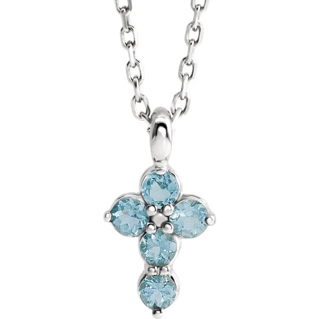 Statement necklaces for party outfits-14KT GOLD AQUAMARINE PETITE CROSS PENDANT 16-18" NECKLACE