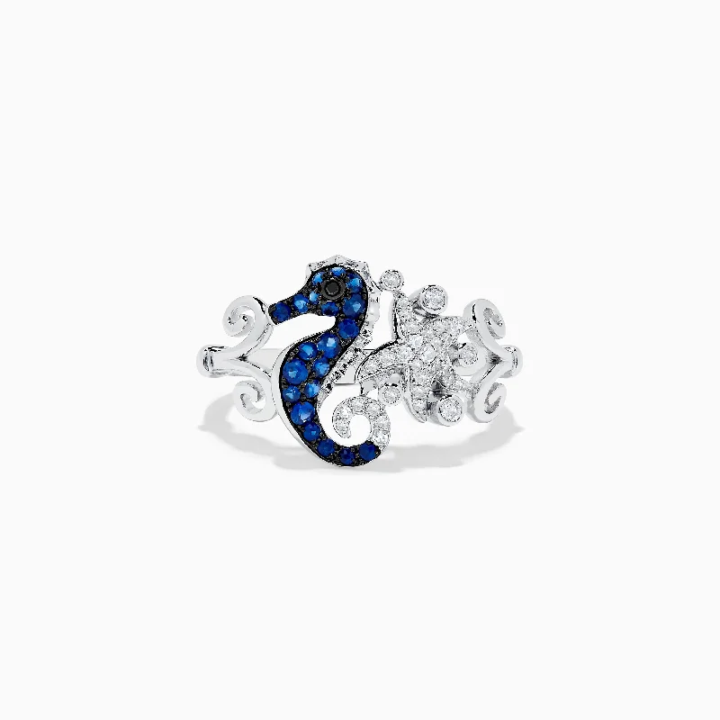 Personalized wedding rings for men-Seaside 14K White Gold Sapphire and Diamond Seahorse Ring