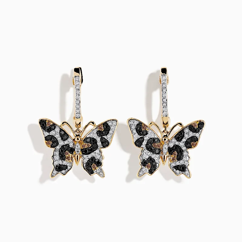 Long Earrings For Evening Wear-14K Yellow Gold Black, Espresso, and White Diamond Butterfly Earrings