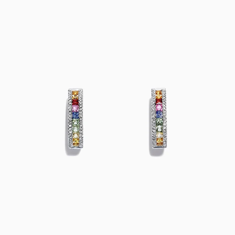 Beaded Drop Earrings For Boho Vibes-Watercolors 14K White Gold Multi Sapphire & Diamond Hoop Earrings