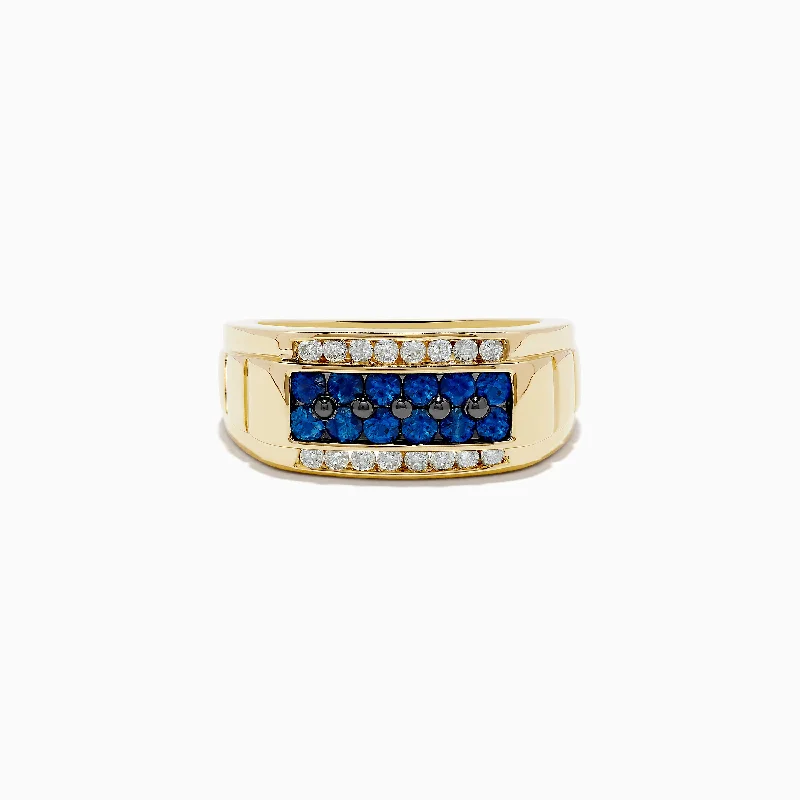 Sapphire diamond rings-Men's 14K Yellow Gold Diamond and Blue Sapphire Ring