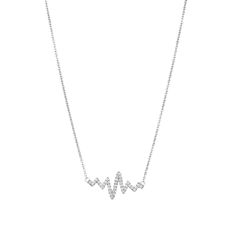 Necklaces for women with inspirational messages-Platinum Finish Sterling Silver Micropave Heartbeat Necklace with Simulated Diamonds 16" - 18" Adjustable Cable Chain