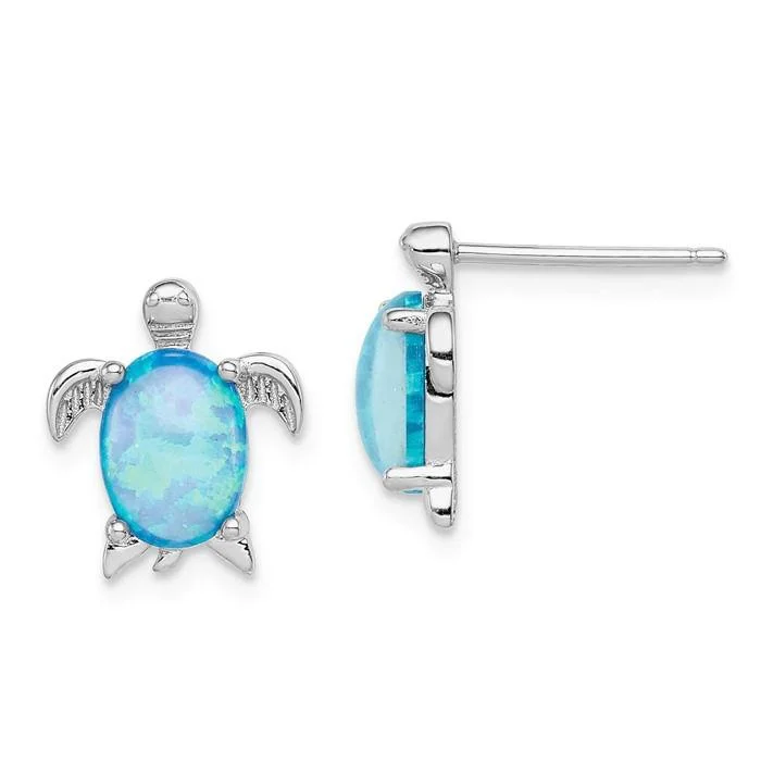 Funky Earrings For Bold Fashion-Sterling Silver Blue Created Opal Turtle Post Stud Earrings