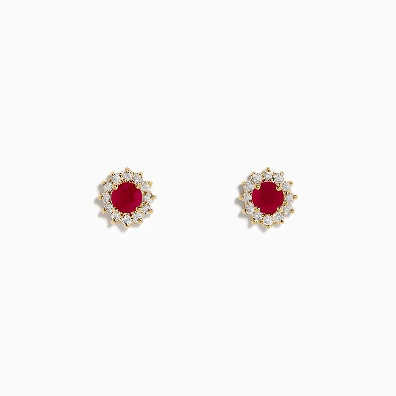 Trendy Earrings For Instagram Style-Ruby Royal 14K Yellow Gold Round Diamond Halo Ruby Stud Earrings, 0.89 TCW