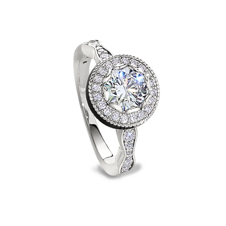 Trendy engagement rings-Platinum Finish Sterling Silver Micropave Round Halo Ring with Simulated Diamonds - Size 5