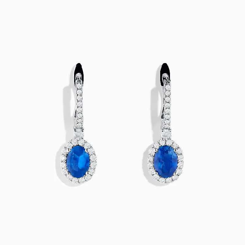 Geometric Earrings For Bold Looks-14K White Gold Oval Blue Sapphire and Diamond Drop Earrings