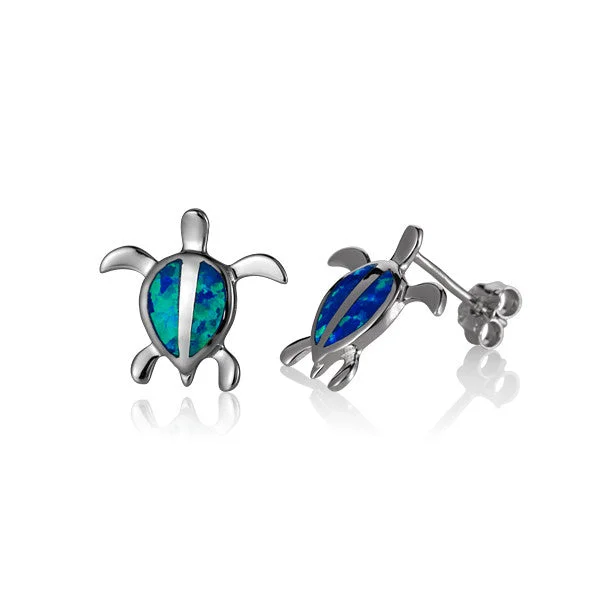 Stylish Drop Earrings For Party Wear-Sterling Silver Alamea Hawaii Blue Opal Honu Turtle Stud Earrings