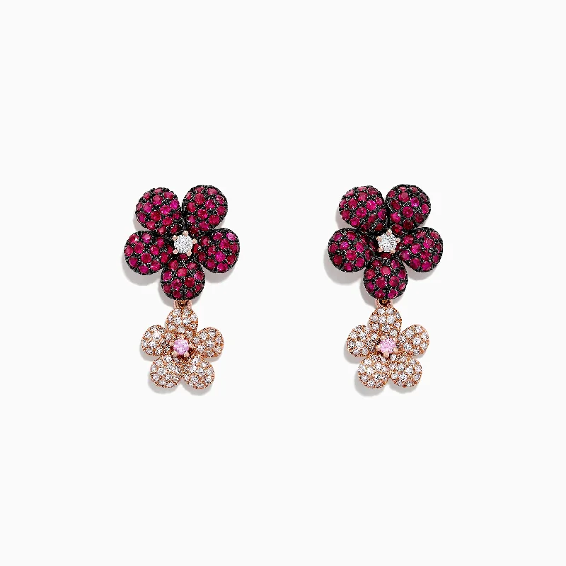 Geometric Drop Earrings For Chic Fashion-Nature 14K Gold Ruby, Sapphire & Diamond Flowers Earrings, 1.80 TCW