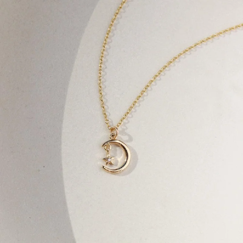 Fashionable chain necklaces for layering-Moon + Star Charm Necklace