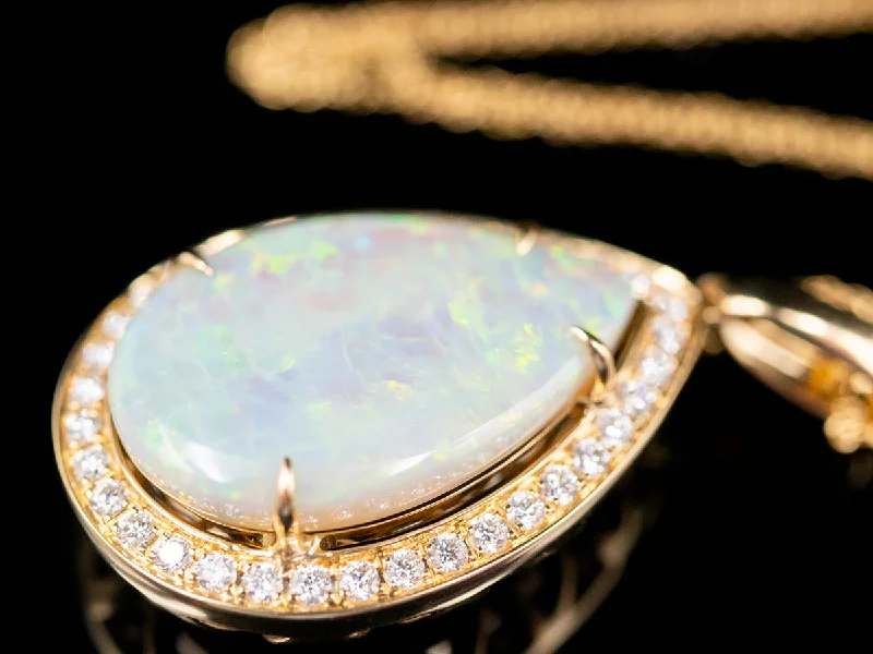 Dainty necklaces for everyday use-Modern Teardrop Opal Halo Pendant Necklace