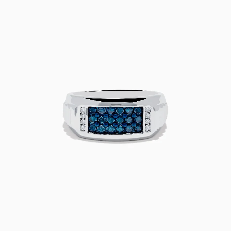 Rings with engraved names-Men's 14K White Gold Blue and White Diamond Ring