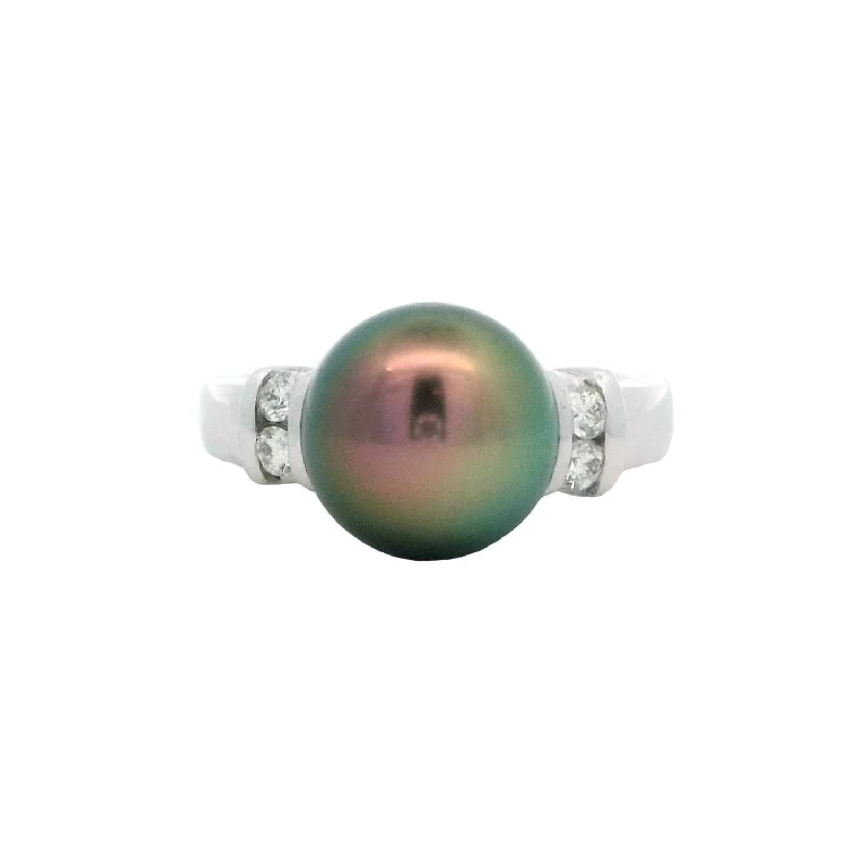 Wedding rings for men with diamonds-Tahitian Pearl Ring with Diamonds in White Gold