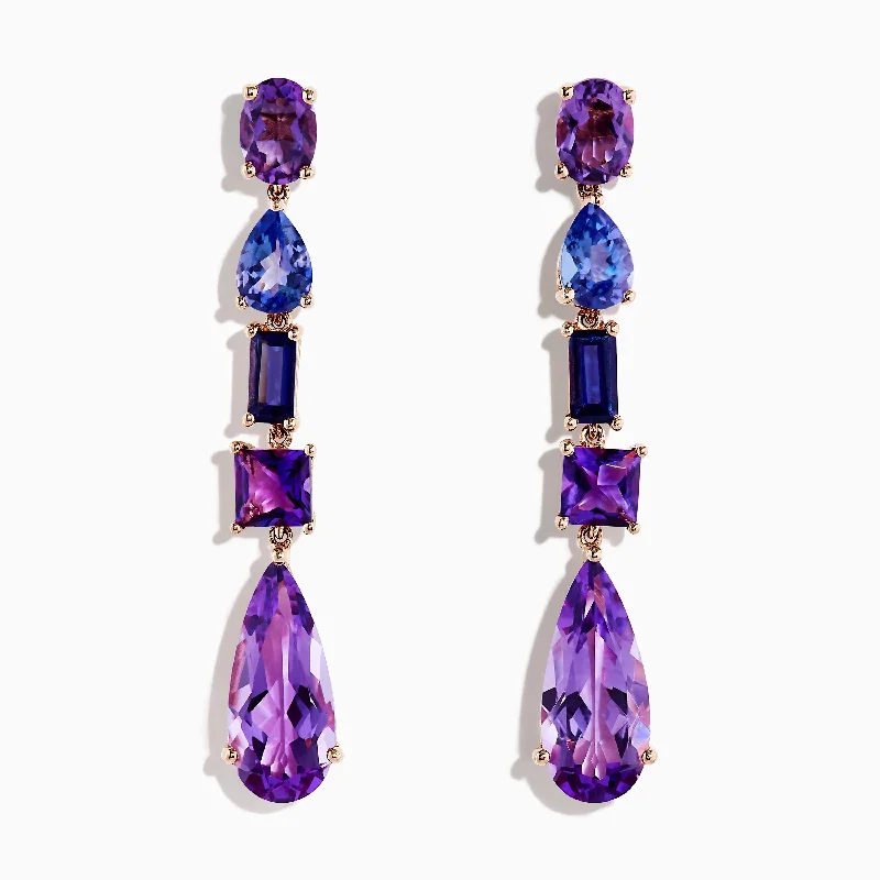 Colorful Hoop Earrings For Bold Fashion-14K Rose Gold Iolite, Amethyst, and Tanzanite Earrings