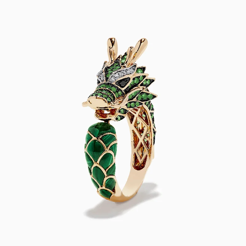 Rings for best friends-Men's 14K Yellow Gold Diamond, Tsavorite and Malachite Dragon Ring