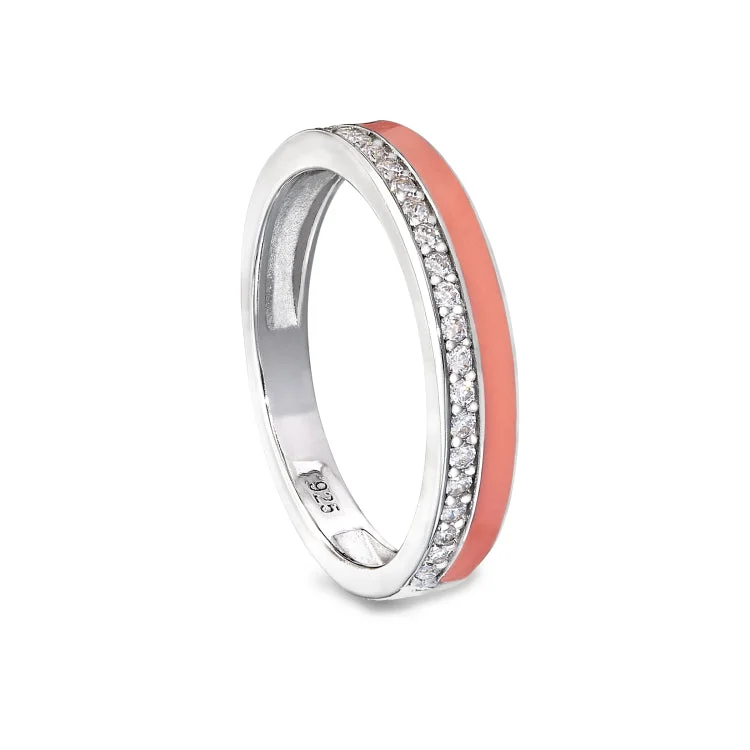 Custom designed rings-Platinum Finish Sterling Silver Micropave Ring with with Coral Enamel and Simulated Diamondss