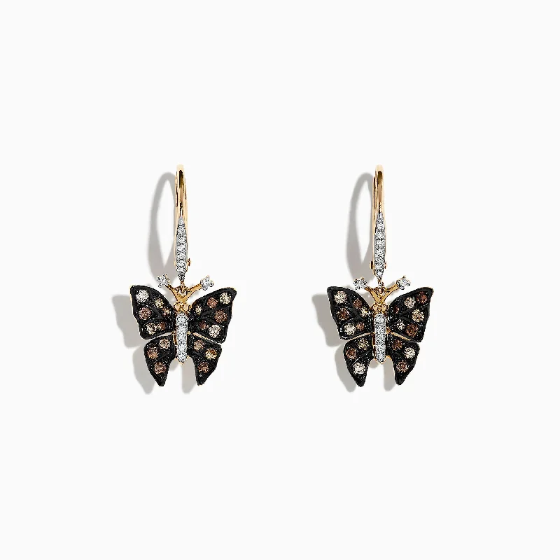 Trendy Drop Earrings For Everyday Fashion-Nature 14K Yellow Gold Espresso & White Diamond Butterfly Earrings, 0.57 TCW