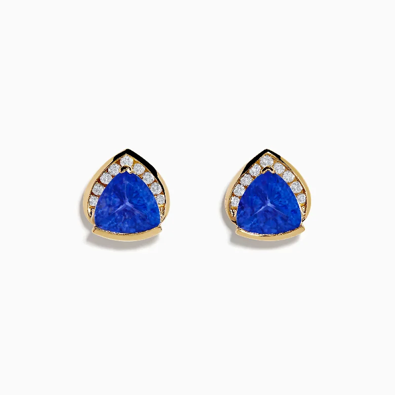 Long Earrings For Evening Wear-14K Yellow Gold Tanzanite and Diamond Earrings