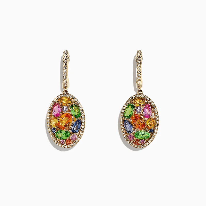 Designer Earrings For Luxury Fashion-Watercolors 14K Gold Multi Sapphire & Diamond Earrings, 5.11 TCW