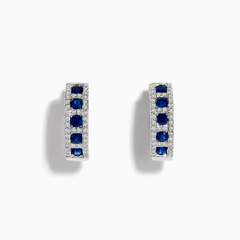 Elegant Gemstone Earrings For Bridal Fashion-Royale Bleu 14K White Gold Sapphire & Diamond Hoop Earrings, 1.03 TCW