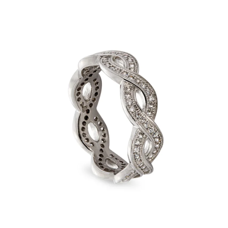 Vintage diamond rings-Platinum Finish Sterling Silver Micropave Twisted Ring with 104 Simulated Diamonds