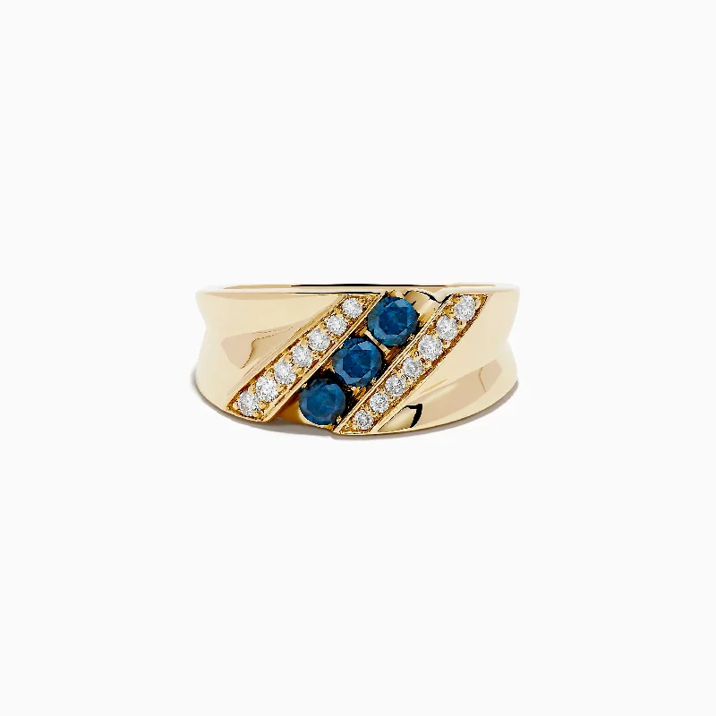 Black diamond engagement rings-Men's 14K Yellow Gold Blue and White Diamond Ring