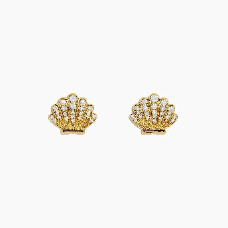 Butterfly Earrings For Cute Look-Seaside 14K Yellow Gold Diamond Seashell Earrings