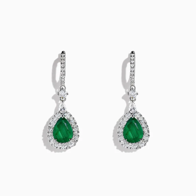 Black Earrings For Bold Style-Brasilica 14K White Gold Emerald and Diamond Drop Earrings, 4.04 TCW