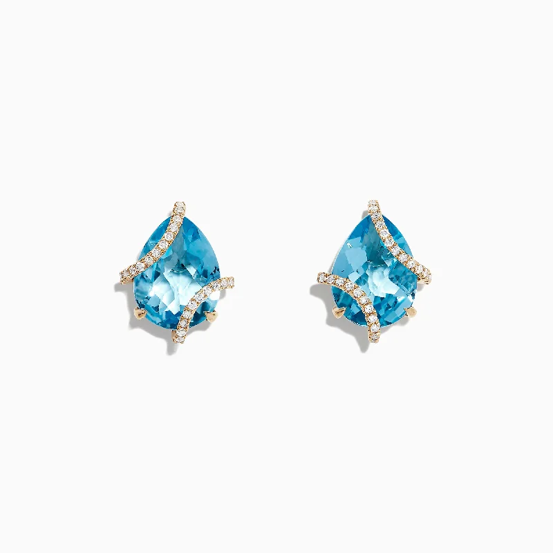 Heart Earrings For Romantic Style-Ocean Bleu 14K Yellow Gold Blue Topaz and Diamond Earrings, 9.70 TCW