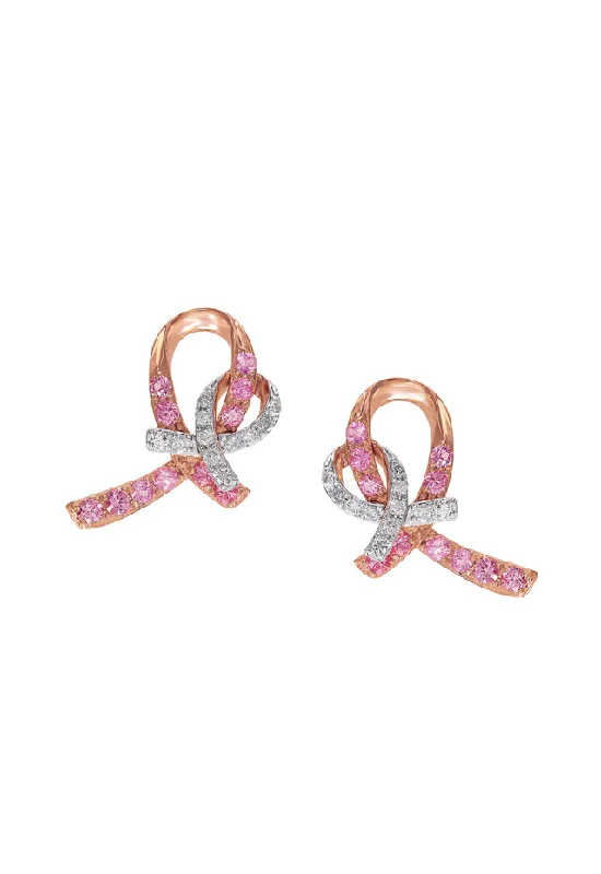 Crystal Stud Earrings For Elegant Look-14K Rose Gold Pink Sapphire and Diamond Breast Cancer Awareness Ribbon Earrings, 0.54 TCW