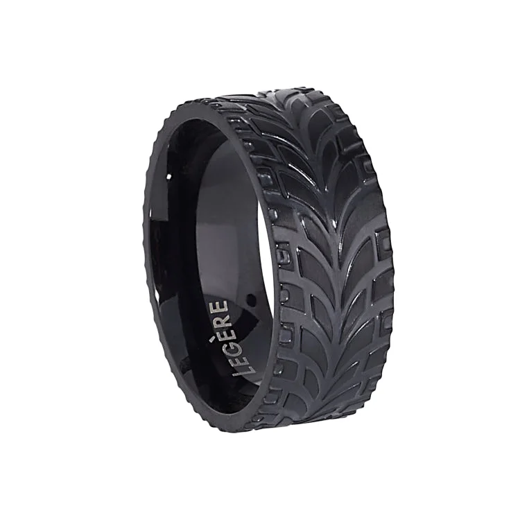 Unique wedding bands-Black IP Finish Stainless Steel Feathered Band  - Size 10