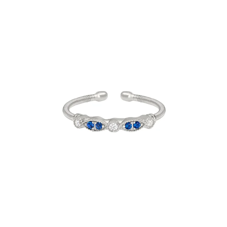 Custom made engagement rings for men-Rhodium Finish Sterling Silver Cable Cuff Ring with Simulated Blue Sapphire and Simulated Diamond Marquis & Round Design