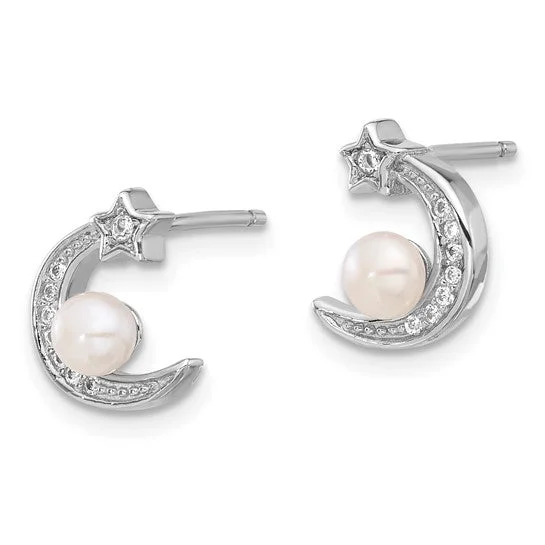 Natural Earrings For Eco-Conscious Style-Sterling Silver CZ and Freshwater Pearl Moon and Star Post Earrings