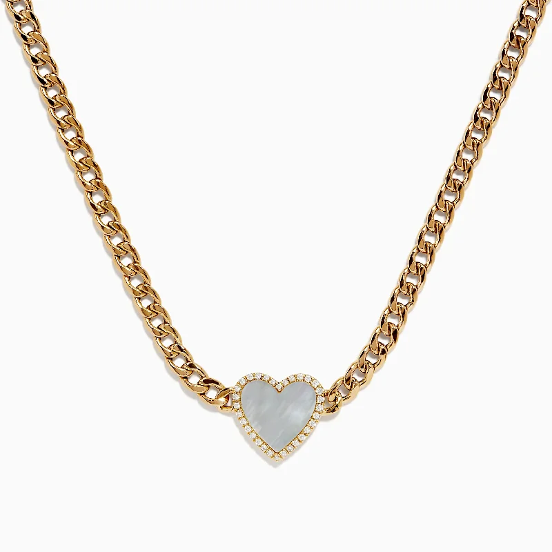 Stylish cross necklaces for men-Novelty 14K Yellow Gold Diamond and Mother of Pearl Heart Necklace