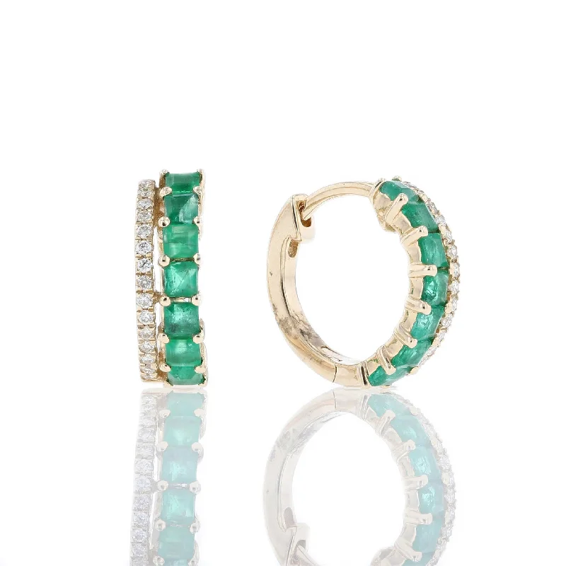 Beautiful Earrings For Red Carpet Events-Emerald & Diamond Double Row Huggie Hoops