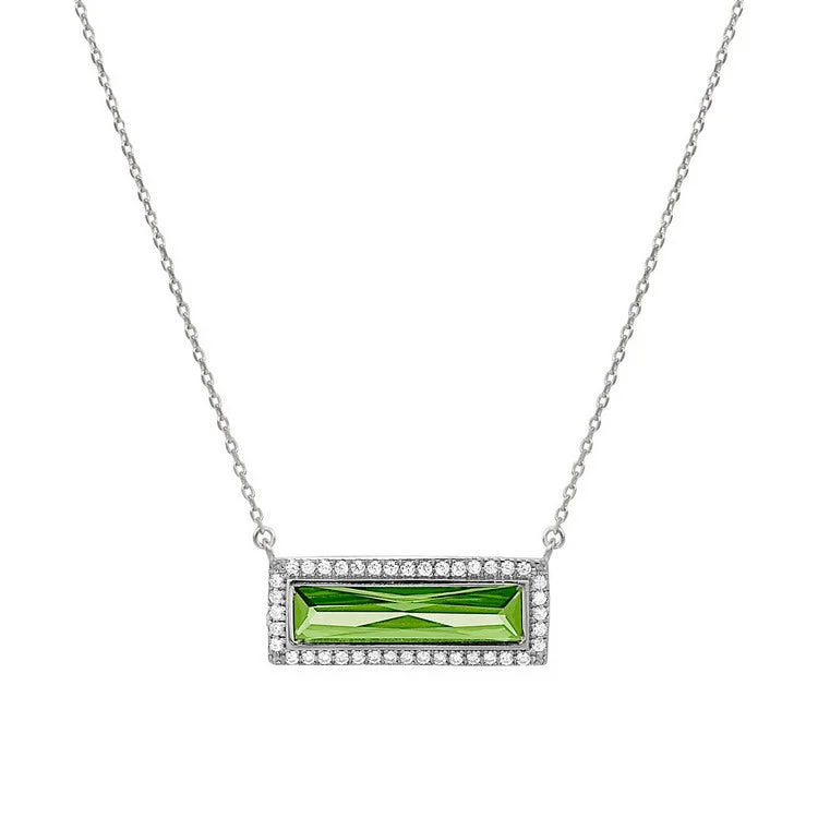 Vintage pearl necklaces-Rhodium Finish Sterling Silver Necklace with Rectangular Simulated Peridot Stone and Simulated Diamonds on 16" - 18" Chain