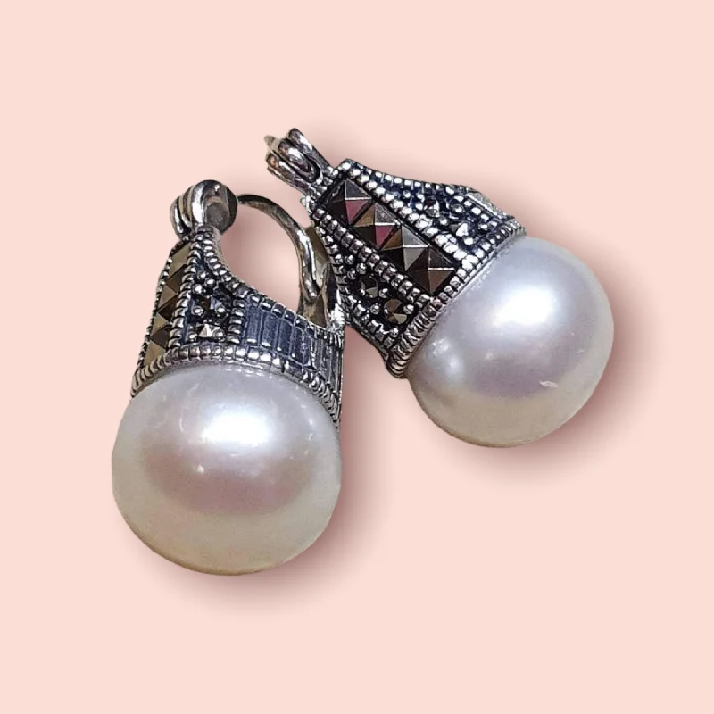 Layered Earrings For Stylish Finish-Freshwater Pearl Marcasite Sterling Silver Earrings Pierced