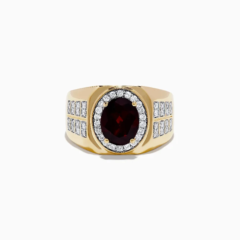 Trendy rings for women-Men's 14K Yellow Gold Garnet and Diamond Ring